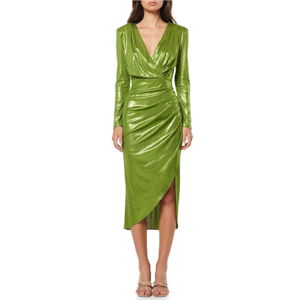NWT Elliatt Irene Metallic Long Sleeve Midi Cocktail Dress Lime Green Size Small
